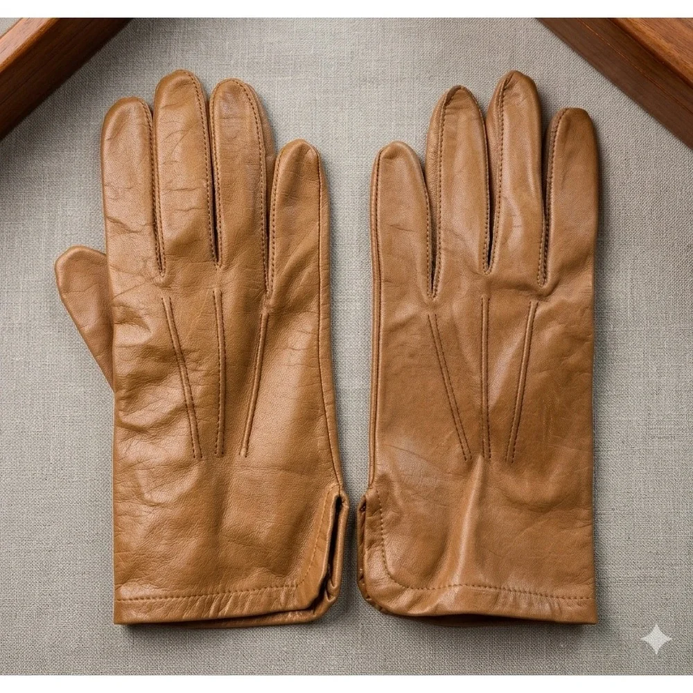 Tan Brown Vtg Leather Gloves Small Classic Three Point Stitching Side Sewn Thin